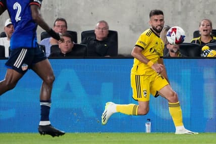 Aug 20, 2023; Columbus, Ohio, USA; Columbus Crew forward Diego Rossi (10) chases down a ball during the second half of the MLS soccer match against FC Cincinnati at Lower.com Field. The Crew won 3-0.