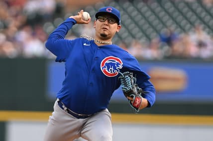 Aug 21, 2023; Detroit, Michigan, USA; Chicago Cubs starting pitcher Javier Assad (72) throws a pitch against the Detroit Tigers in the first inning at Comerica Park. Mandatory Credit: Lon Horwedel-USA TODAY Sports