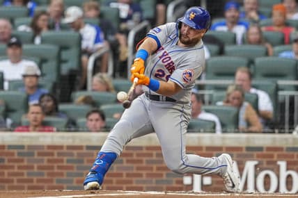 Aug 21, 2023; Cumberland, Georgia, USA; New York Mets right fielder DJ Stewart (29) hits a home run against the Atlanta Braves during the second inning at Truist Park. Mandatory Credit: Dale Zanine-USA TODAY Sports