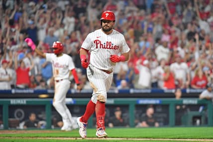 Aug 21, 2023; Philadelphia, Pennsylvania, USA; Philadelphia Phillies left fielder Kyle Schwarber (12) celebrates his two-run home run against the San Francisco Giants during the seventh inning at Citizens Bank Park. Mandatory Credit: Eric Hartline-USA TODAY Sports
