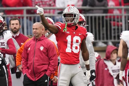 Nov 12, 2022; Columbus, Ohio, USA; Ohio State Buckeyes wide receiver Marvin Harrison Jr. (18) celebrates a first down catch during the first half of the NCAA football game against the Indiana Hoosiers at Ohio Stadium. Mandatory Credit: Adam Cairns-The Columbus Dispatch