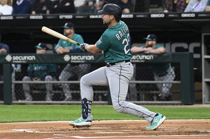 Aug 21, 2023; Chicago, Illinois, USA;  Seattle Mariners first baseman Ty France (23) hits a two RBI double against the Chicago White Sox during the first inning at Guaranteed Rate Field. Mandatory Credit: Matt Marton-USA TODAY Sports