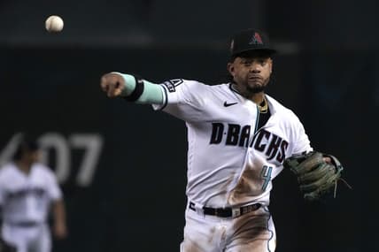 Aug 21, 2023; Phoenix, Arizona, USA; Arizona Diamondbacks second baseman Ketel Marte (4) makes the play for an out against the Texas Rangers during the sixth inning at Chase Field. Mandatory Credit: Rick Scuteri-USA TODAY Sports