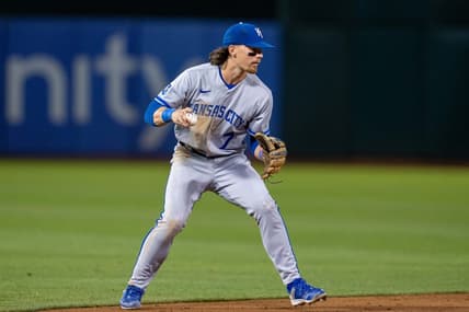 Aug 21, 2023; Oakland, California, USA;  Kansas City Royals shortstop Bobby Witt Jr. (7) throws out Oakland Athletics second baseman Zack Gelof (not pictured) during the sixth inning at Oakland-Alameda County Coliseum. Mandatory Credit: Neville E. Guard-USA TODAY Sports
