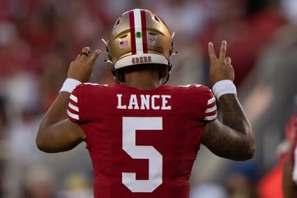 Aug 19, 2023; Santa Clara, California, USA;  San Francisco 49ers quarterback Trey Lance (5) signals during the third quarter against the Denver Broncos at Levi's Stadium. Mandatory Credit: Stan Szeto-USA TODAY Sports