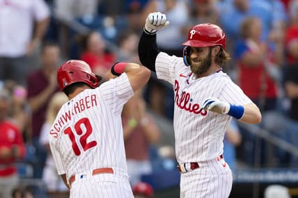 Aug 22, 2023; Philadelphia, Pennsylvania, USA; Philadelphia Phillies designated hitter Bryce Harper (3) celebrates with left fielder Kyle Schwarber (12) after hitting a two RBI home run during the first inning against the San Francisco Giants at Citizens Bank Park. Mandatory Credit: Bill Streicher-USA TODAY Sports