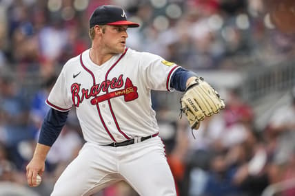 Aug 22, 2023; Cumberland, Georgia, USA; Atlanta Braves starting pitcher Bryce Elder (55) pitches against the New York Mets during the first inning at Truist Park. Mandatory Credit: Dale Zanine-USA TODAY Sports