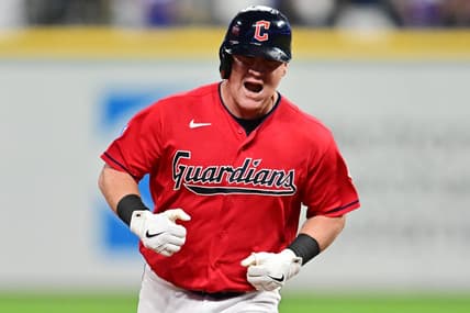 Aug 22, 2023; Cleveland, Ohio, USA; Cleveland Guardians first baseman Kole Calhoun (56) rounds the bases after hitting a home run during the seventh inning against the Los Angeles Dodgers at Progressive Field. Mandatory Credit: Ken Blaze-USA TODAY Sports