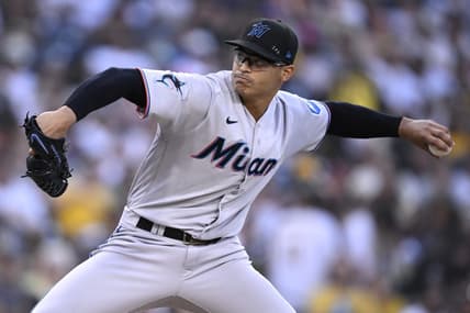 Aug 22, 2023; San Diego, California, USA; Miami Marlins starting pitcher Jesus Luzardo (44) throws a pitch against the San Diego Padres during the first inning at Petco Park. Mandatory Credit: Orlando Ramirez-USA TODAY Sports