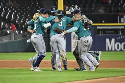 Aug 22, 2023; Chicago, Illinois, USA; The Seattle Mariners celebrate after the team   s game against the Chicago White Sox at Guaranteed Rate Field. Mandatory Credit: Matt Marton-USA TODAY Sports
