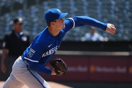 Aug 23, 2023; Oakland, California, USA; Kansas City Royals starting pitcher Cole Ragans (55) pitches the ball against the Oakland Athletics during the first inning at Oakland-Alameda County Coliseum. Mandatory Credit: Kelley L Cox-USA TODAY Sports