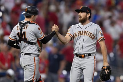 Aug 23, 2023; Philadelphia, Pennsylvania, USA; San Francisco Giants pitcher Ryan Walker (R) and catcher Patrick Bailey (14) shake hands after a victory against the Philadelphia Phillies at Citizens Bank Park. Mandatory Credit: Bill Streicher-USA TODAY Sports