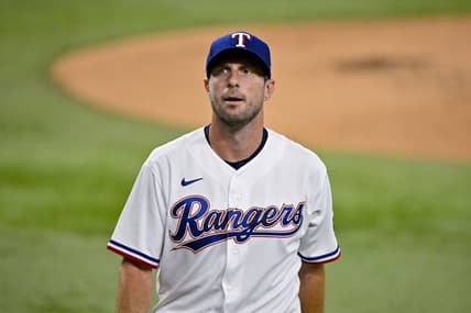 Aug 3, 2023; Arlington, Texas, USA; Texas Rangers starting pitcher Max Scherzer (31) in action during the game between the Texas Rangers and the Chicago White Sox at Globe Life Field. Mandatory Credit: Jerome Miron-USA TODAY Sports