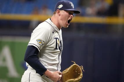Aug 23, 2023; St. Petersburg, Florida, USA; Tampa Bay Rays relief pitcher Pete Fairbanks (29) celebrates after ending the tenth inning with a strikeout against the Colorado Rockies at Tropicana Field. Mandatory Credit: Dave Nelson-USA TODAY Sports