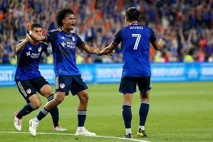 FC Cincinnati forward Yuya Kubo (7) celebrates a goal in the second period of extra time during a U.S. Open Cup semifinal match between Inter Miami and FC Cincinnati, Wednesday, Aug. 23, 2023, at TQL Stadium in Cincinnati.