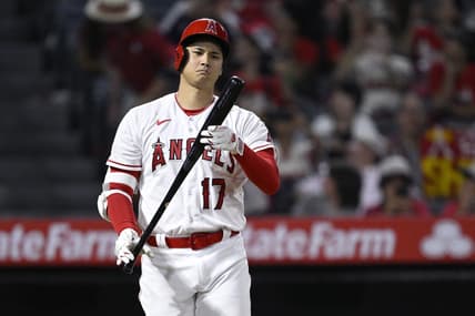 Aug 23, 2023; Anaheim, California, USA; Los Angeles Angels designated hitter Shohei Ohtani (17) looks at his bat during the ninth inning against the Cincinnati Reds at Angel Stadium. Mandatory Credit: Orlando Ramirez-USA TODAY Sports