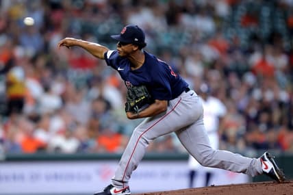 Aug 24, 2023; Houston, Texas, USA; Boston Red Sox starting pitcher Brayan Bello (66) delivers a pitch against the Houston Astros during the first inning at Minute Maid Park. Mandatory Credit: Erik Williams-USA TODAY Sports