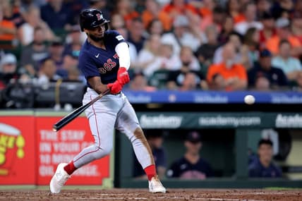 Aug 24, 2023; Houston, Texas, USA; Boston Red Sox shortstop Pablo Reyes (19) hits an RBI single against the Houston Astros during the third inning at Minute Maid Park. Mandatory Credit: Erik Williams-USA TODAY Sports
