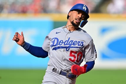 Aug 24, 2023; Cleveland, Ohio, USA; Los Angeles Dodgers right fielder Mookie Betts (50) advances to third on double hit by first baseman Freddie Freeman (5) during the third inning against the Cleveland Guardians at Progressive Field. Mandatory Credit: Ken Blaze-USA TODAY Sports