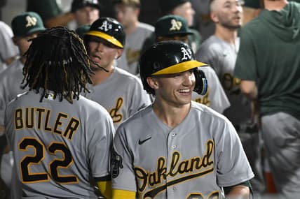Aug 24, 2023; Chicago, Illinois, USA;  Oakland Athletics second baseman Zack Gelof (20) celebrates in the dugout after he hits a two run home run against the Chicago White Sox during the seventh inning at Guaranteed Rate Field. Mandatory Credit: Matt Marton-USA TODAY Sports