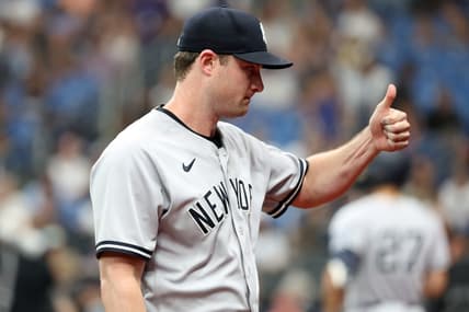 Aug 25, 2023; St. Petersburg, Florida, USA; New York Yankees starting pitcher Gerrit Cole (45) gives a thumbs up against the Tampa Bay Rays at the end of the first inning at Tropicana Field. Mandatory Credit: Kim Klement Neitzel-USA TODAY Sports