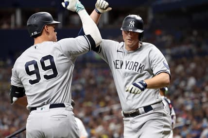 Aug 25, 2023; St. Petersburg, Florida, USA; New York Yankees third baseman DJ LeMahieu (26) celebrates with right fielder Aaron Judge (99) after he hit a home run against the Tampa Bay Rays during the fifth inning at Tropicana Field. Mandatory Credit: Kim Klement Neitzel-USA TODAY Sports