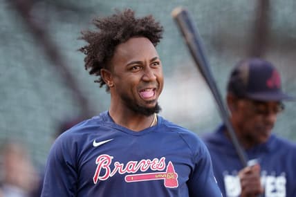 Aug 25, 2023; San Francisco, California, USA; Atlanta Braves second baseman Ozzie Albies (1) stands on the field before the game against the San Francisco Giants at Oracle Park. Mandatory Credit: Darren Yamashita-USA TODAY Sports
