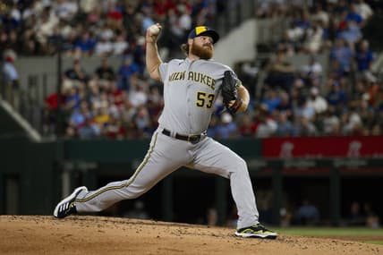 Aug 18, 2023; Arlington, Texas, USA; Milwaukee Brewers starting pitcher Brandon Woodruff (53) in action during the game between the Texas Rangers and the Milwaukee Brewers at Globe Life Field. Mandatory Credit: Jerome Miron-USA TODAY Sports