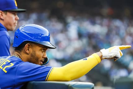 Aug 25, 2023; Seattle, Washington, USA; Seattle Mariners center fielder Julio Rodriguez (44) celebrates in the dugout after scoring a run against the Kansas City Royals during the first inning at T-Mobile Park. Mandatory Credit: Joe Nicholson-USA TODAY Sports