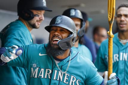 Aug 28, 2023; Seattle, Washington, USA; Seattle Mariners right fielder Teoscar Hernandez (35) celebrates in the dugout after hitting a grand slam home run against the Kansas City Royals during the third inning at T-Mobile Park. Mandatory Credit: Joe Nicholson-USA TODAY Sports