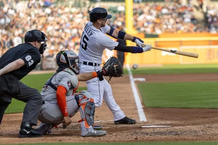 Aug 26, 2023; Detroit, Michigan, USA; Detroit Tigers catcher Carson Kelly (15) strikes out in the third inning against the Houston Astros at Comerica Park. Mandatory Credit: David Reginek-USA TODAY Sports