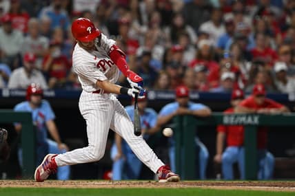 Aug 26, 2023; Philadelphia, Pennsylvania, USA;  Philadelphia Phillies shortstop Trea Turner (7) grounds into a double play and drives in a run in the third inning against the St. Louis Cardinals at Citizens Bank Park. Mandatory Credit: John Geliebter-USA TODAY Sports