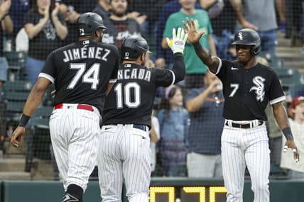 Aug 26, 2023; Chicago, Illinois, USA; Chicago White Sox third baseman Yoan Moncada (10) celebrates with shortstop Tim Anderson (7) after hitting a three-run home run against the Oakland Athletics during the third inning at Guaranteed Rate Field. Mandatory Credit: Kamil Krzaczynski-USA TODAY Sports