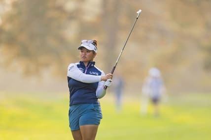 Aug 26, 2023; Vancouver, British Columbia, CAN; Megan Khang hits on the eighteenth hole during the third round of the CPKC Women's Open golf tournament at Shaughnessy Golf & Country Club. Mandatory Credit: Bob Frid-USA TODAY Sports