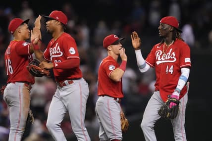 Aug 26, 2023; Phoenix, Arizona, USA; Cincinnati Reds players celebrate after defeating the Arizona Diamondbacks at Chase Field. Mandatory Credit: Joe Camporeale-USA TODAY Sports