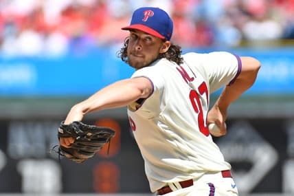 Aug 27, 2023; Philadelphia, Pennsylvania, USA; Philadelphia Phillies starting pitcher Aaron Nola (27) throws a pitch against the St. Louis Cardinals during the first inning at Citizens Bank Park. Mandatory Credit: Eric Hartline-USA TODAY Sports