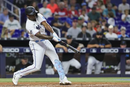 Aug 27, 2023; Miami, Florida, USA; Miami Marlins designated hitter Jorge Soler (12) hits a two-run home run against the Washington Nationals during the third inning at loanDepot Park. Mandatory Credit: Sam Navarro-USA TODAY Sports