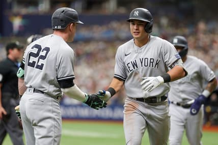 Aug 27, 2023; St. Petersburg, Florida, USA; New York Yankees center fielder Harrison Bader (22) congratulates shortstop Anthony Volpe (11) after hitting a two run home run against the Tampa Bay Rays in the fourth inning at Tropicana Field. Mandatory Credit: Nathan Ray Seebeck-USA TODAY Sports