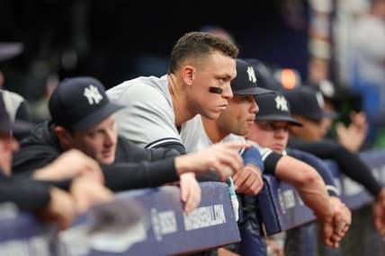 Aug 27, 2023; St. Petersburg, Florida, USA;  New York Yankees designated hitter Aaron Judge (99) looks on from the dugout against the Tampa Bay Rays in the seventh inning at Tropicana Field. Mandatory Credit: Nathan Ray Seebeck-USA TODAY Sports