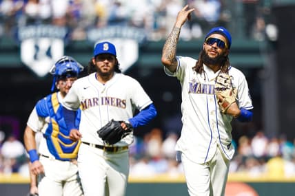 Aug 27, 2023; Seattle, Washington, USA; Seattle Mariners shortstop J.P. Crawford (3) celebrates following a 3-2 victory against the Kansas City Royals at T-Mobile Park. Mandatory Credit: Joe Nicholson-USA TODAY Sports