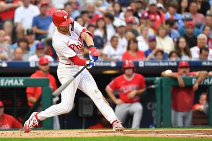 Aug 28, 2023; Philadelphia, Pennsylvania, USA; Philadelphia Phillies shortstop Trea Turner (7) hits a home run during the first inning against the Los Angeles Angels at Citizens Bank Park. Mandatory Credit: Eric Hartline-USA TODAY Sports