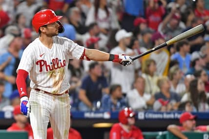 Aug 28, 2023; Philadelphia, Pennsylvania, USA; Philadelphia Phillies shortstop Trea Turner (7) watches his second home run of the game against the Los Angeles Angels during the fifth inning at Citizens Bank Park. Mandatory Credit: Eric Hartline-USA TODAY Sports
