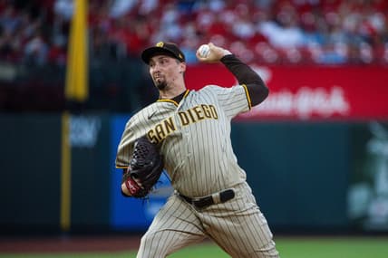 Aug 28, 2023; St. Louis, Missouri, USA;  San Diego Padres starting pitcher Blake Snell (4) pitches against the St. Louis Cardinals during the first inning at Busch Stadium. Mandatory Credit: Jeff Curry-USA TODAY Sports