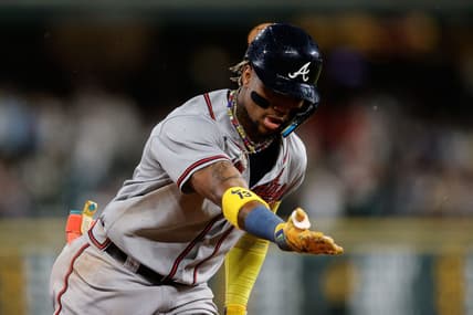 Aug 28, 2023; Denver, Colorado, USA; Atlanta Braves right fielder Ronald Acuna Jr. (13) gestures as he rounds the bases on a two run home run in the fifth inning against the Colorado Rockies at Coors Field. Mandatory Credit: Isaiah J. Downing-USA TODAY Sports