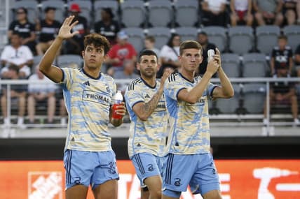 Aug 26, 2023; Washington, District of Columbia, USA; Philadelphia Union players wave to fans in the stands prior to their game against D.C. United at Audi Field. Mandatory Credit: Amber Searls-USA TODAY Sports