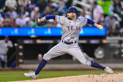 Aug 29, 2023; New York City, New York, USA; Texas Rangers starting pitcher Andrew Heaney (44) pitches against the New York Mets during the first inning at Citi Field. Mandatory Credit: John Jones-USA TODAY Sports
