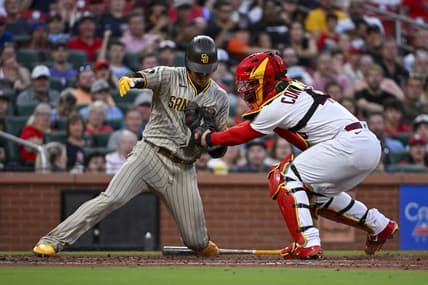 Aug 29, 2023; St. Louis, Missouri, USA;  St. Louis Cardinals catcher Willson Contreras (40) tags out San Diego Padres left fielder Juan Soto (22) during the third inning at Busch Stadium. Mandatory Credit: Jeff Curry-USA TODAY Sports