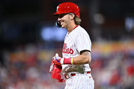 Aug 29, 2023; Philadelphia, Pennsylvania, USA; Philadelphia Phillies second baseman Bryson Stott (5) reacts after hitting an infield single against the Los Angeles Angels in the sixth inning at Citizens Bank Park. Mandatory Credit: Kyle Ross-USA TODAY Sports