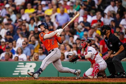 Aug 30, 2023; Boston, Massachusetts, USA; Houston Astros third baseman Alex Bregman (2) hits a double to drive in a run against the Boston Red Sox in the fourth inning at Fenway Park. Mandatory Credit: David Butler II-USA TODAY Sports