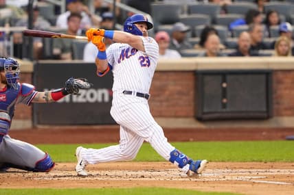 Aug 30, 2023; New York City, New York, USA;  New York Mets right fielder DJ Steward (29) hits a home run against the Texas Rangers during the second inning at Citi Field. Mandatory Credit: Gregory Fisher-USA TODAY Sports